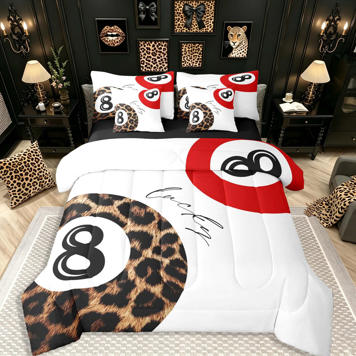 Erosebridal Leopard Print Bedding Set,7 Piece Pink Lucky 8 Ball Cheetah Bed in A Bag Queen Comforter Set for Boys Girls Women Preppy Room Decor Aesthetic Comforter and Sheets Fashion Coquette Bed Set