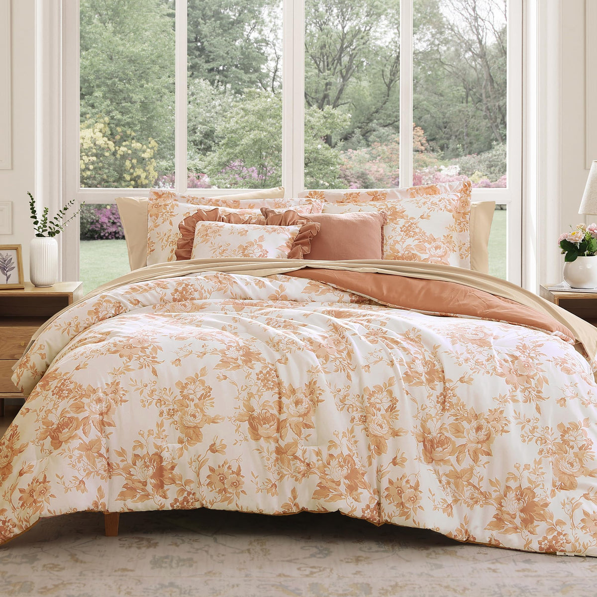 BLOOMHAVEN Queen Comforter Set-7 Pieces Brown Floral Bed in a Bag Queen