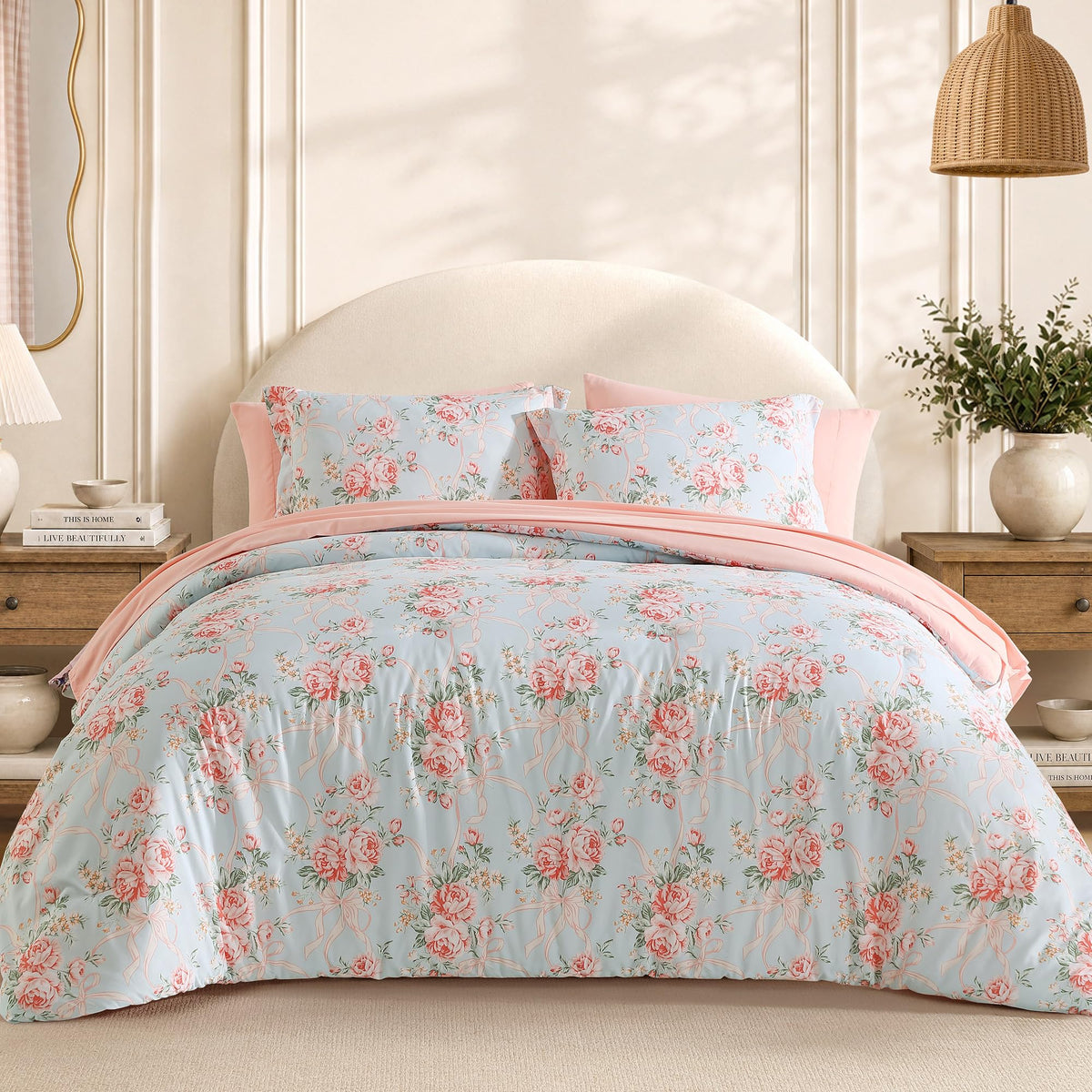 BLOOMHAVEN Queen Comforter Set-7 Pieces Brown Floral Bed in a Bag Queen