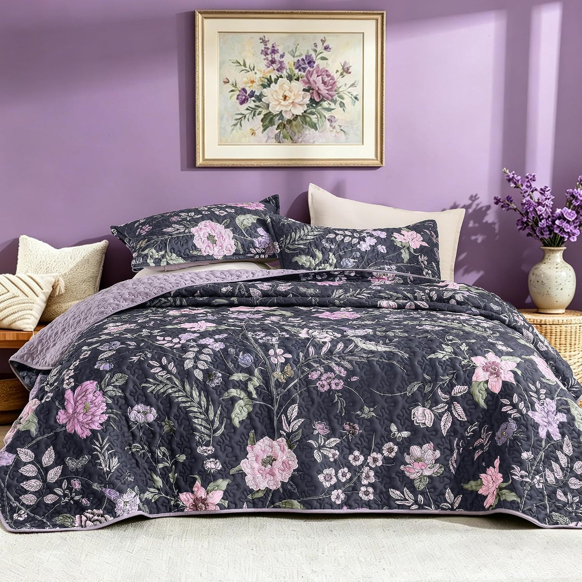 Litanika Floral Black Quilt King - 3Pcs Summer Boho Bedding Set