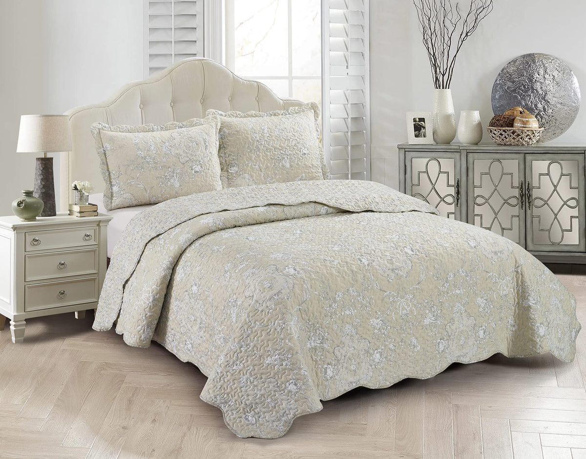 Brilliant Sunshine Rose and Sage Quilt Set, 3-Piece Bedding Sets, Traditional Patchwork Design, Washable and Reversible Bedspread, Soft Lightweight Coverlet, All-Season, Full/Queen, Light Pink Green