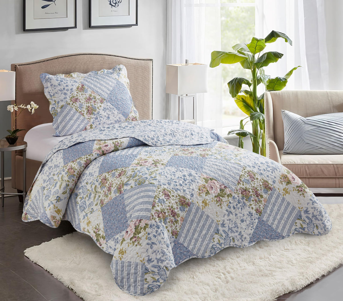 Brilliant Sunshine Rose and Sage Quilt Set, 3-Piece Bedding Sets, Traditional Patchwork Design, Washable and Reversible Bedspread, Soft Lightweight Coverlet, All-Season, Full/Queen, Light Pink Green