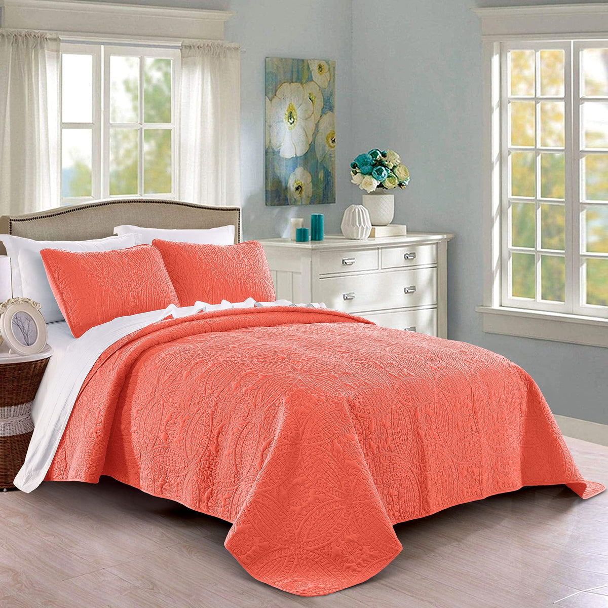 Pure Bedding Quilt Set Full/Queen Size Ash Blue - Oversized Bedspread - Soft Microfiber Lightweight Coverlet for All Season - 3 Piece Includes 1 Quilt and 2 Shams, Geometric Pattern