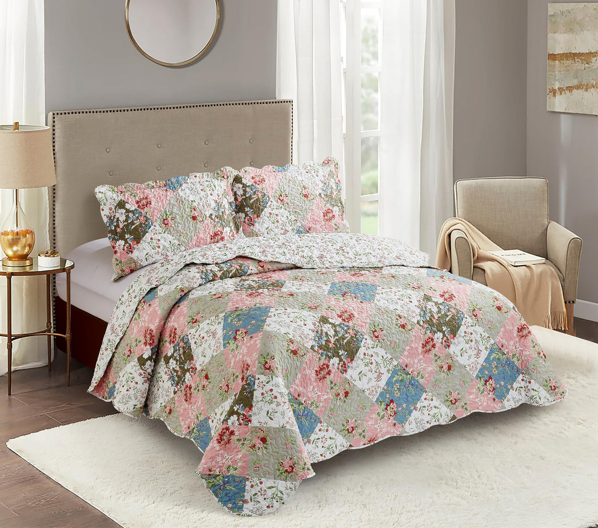 Brilliant Sunshine Rose and Sage Quilt Set, 3-Piece Bedding Sets, Traditional Patchwork Design, Washable and Reversible Bedspread, Soft Lightweight Coverlet, All-Season, Full/Queen, Light Pink Green