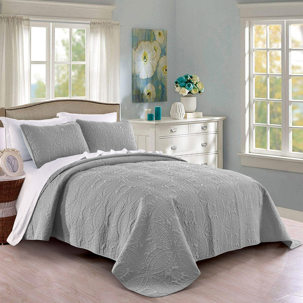 Pure Bedding Quilt Set Full/Queen Size Ash Blue - Oversized Bedspread - Soft Microfiber Lightweight Coverlet for All Season - 3 Piece Includes 1 Quilt and 2 Shams, Geometric Pattern