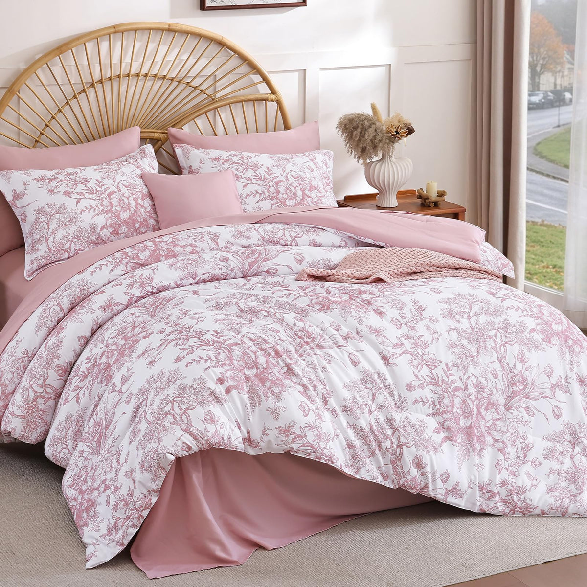 Queen Comforter Set 8 Pieces, Floral Comforter Set, Brown Bed in a Bag