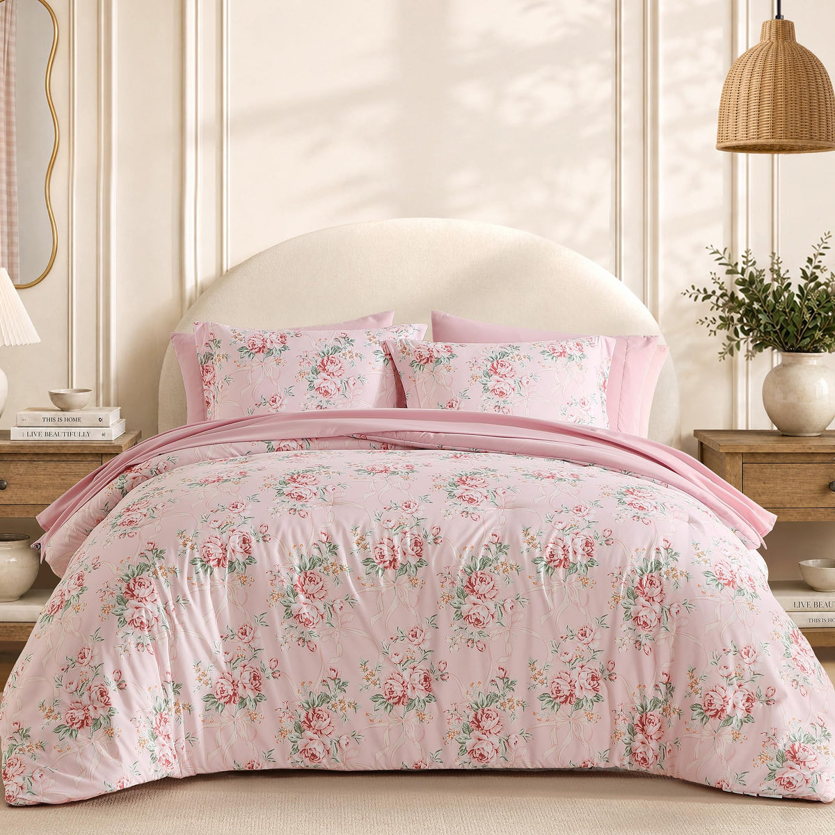 BLOOMHAVEN Queen Comforter Set-7 Pieces Brown Floral Bed in a Bag Queen