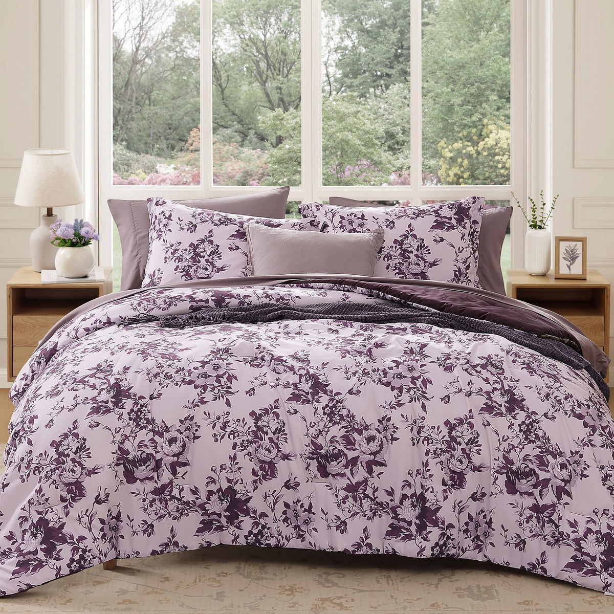 BLOOMHAVEN Queen Comforter Set-7 Pieces Brown Floral Bed in a Bag Queen