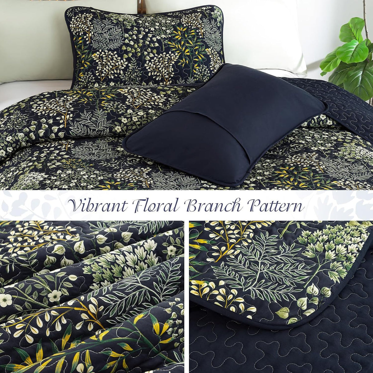 WONGS BEDDING Floral Quilt Set King, 3 Pcs Navy Blue Bedspread Coverlet