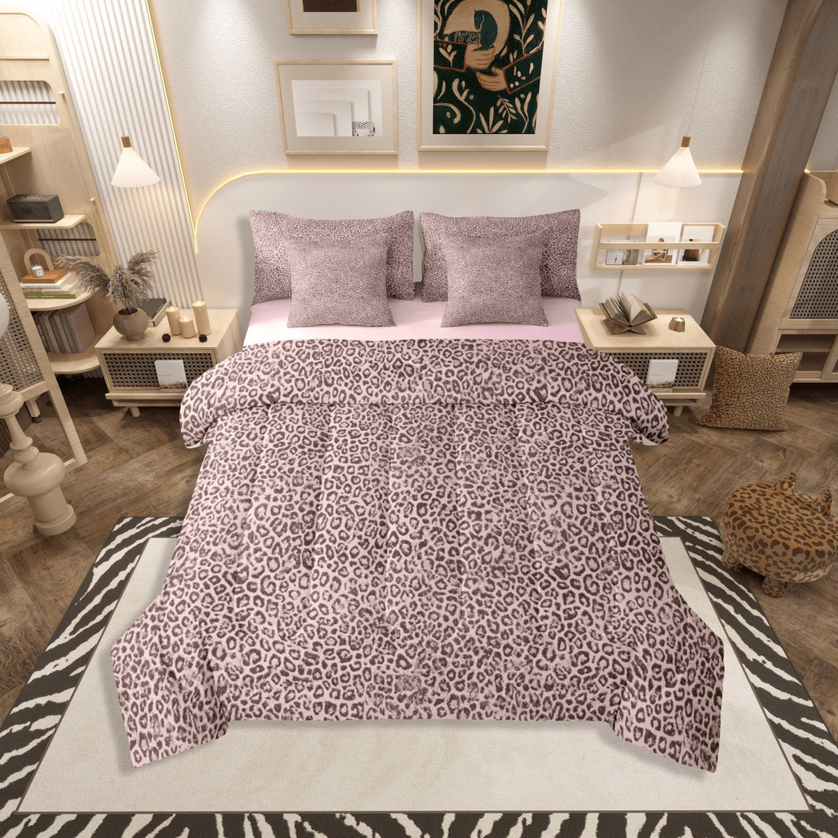 jejeloiu Leopard Print Comforter Set with Sheets 7 Piece Queen Size Cheetah Print Bedding Set for Kids Boys Girls Beige Bed in a Bag Modern Art Room Decor Soft Lightweight Microfiber