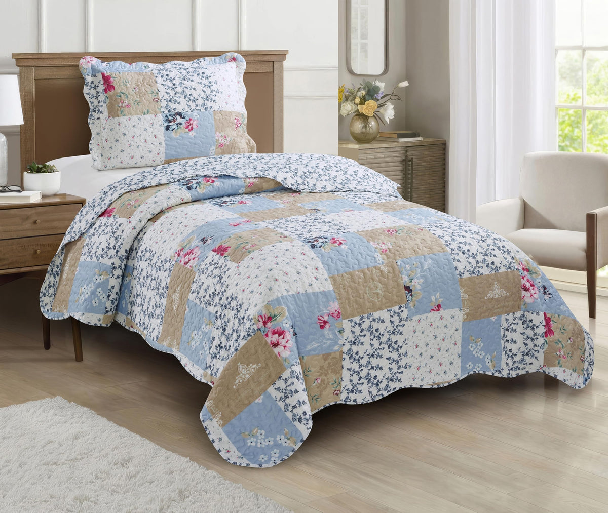 Brilliant Sunshine Rose and Sage Quilt Set, 3-Piece Bedding Sets, Traditional Patchwork Design, Washable and Reversible Bedspread, Soft Lightweight Coverlet, All-Season, Full/Queen, Light Pink Green