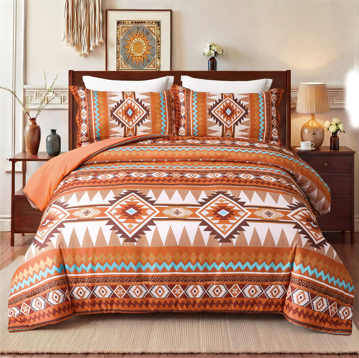 Tyrot King Comforter Set – 3 Piece Brown Boho Aztec Bedding, Western Southwestern Style Comforter Sets, Soft Lightweight Comforter for All Seasons, 1 Comforter & 2 Pillow Shams