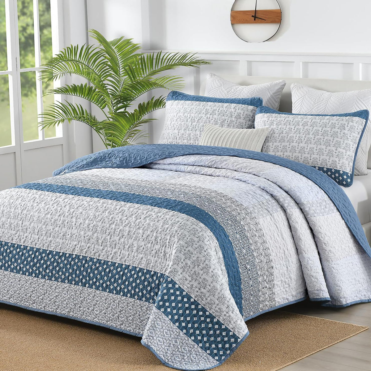 WONGS BEDDING Beige Quilt Queen Size, Boho Striped Bedspread