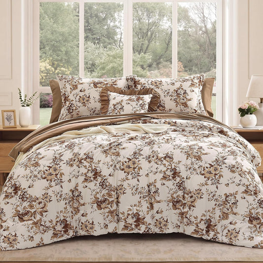 BLOOMHAVEN Queen Comforter Set-7 Pieces Brown Floral Bed in a Bag Queen