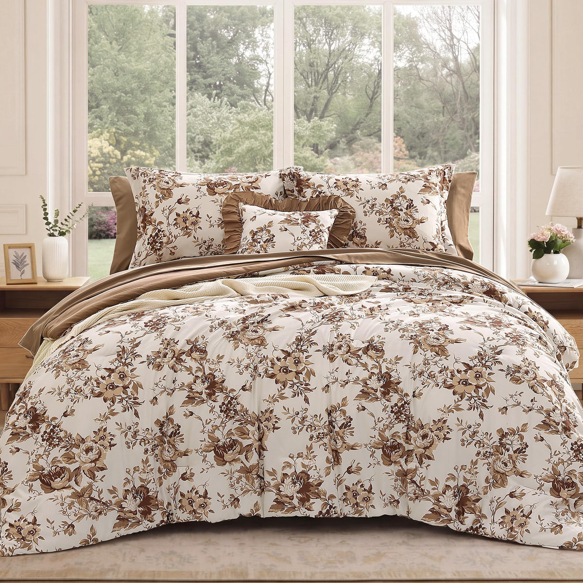 BLOOMHAVEN Queen Comforter Set-7 Pieces Brown Floral Bed in a Bag Queen