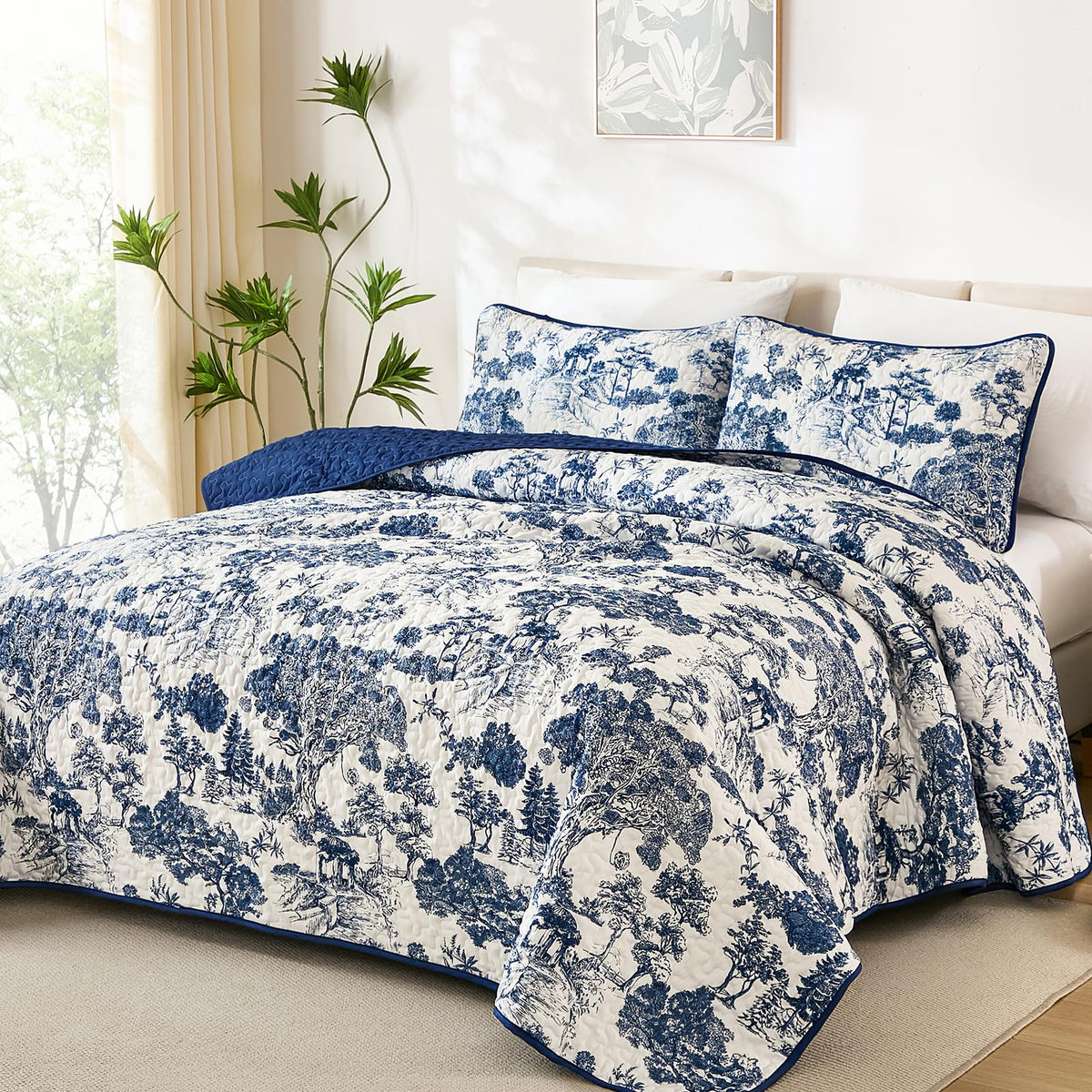 WONGS BEDDING Sage Green Quilt Set Queen Size, Botanical Floral Bedspread