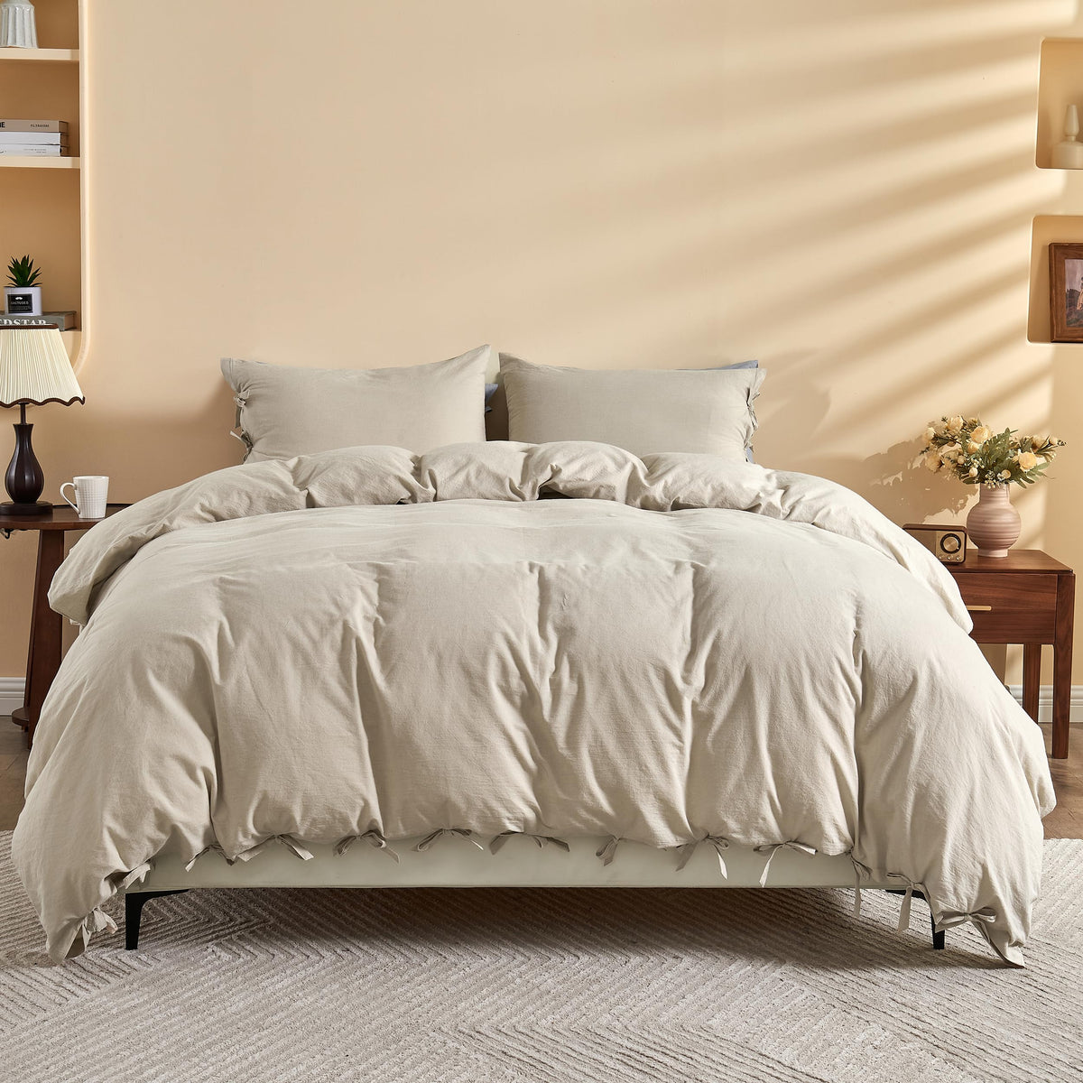 BISELINA 100% Washed Cotton Duvet Cover Set 3pcs with Bowknot Ties Strap Solid Color Linen Like Textured Durable Breathable Soft Comfy Chic Bedding (Twin, Cornflower Blue)
