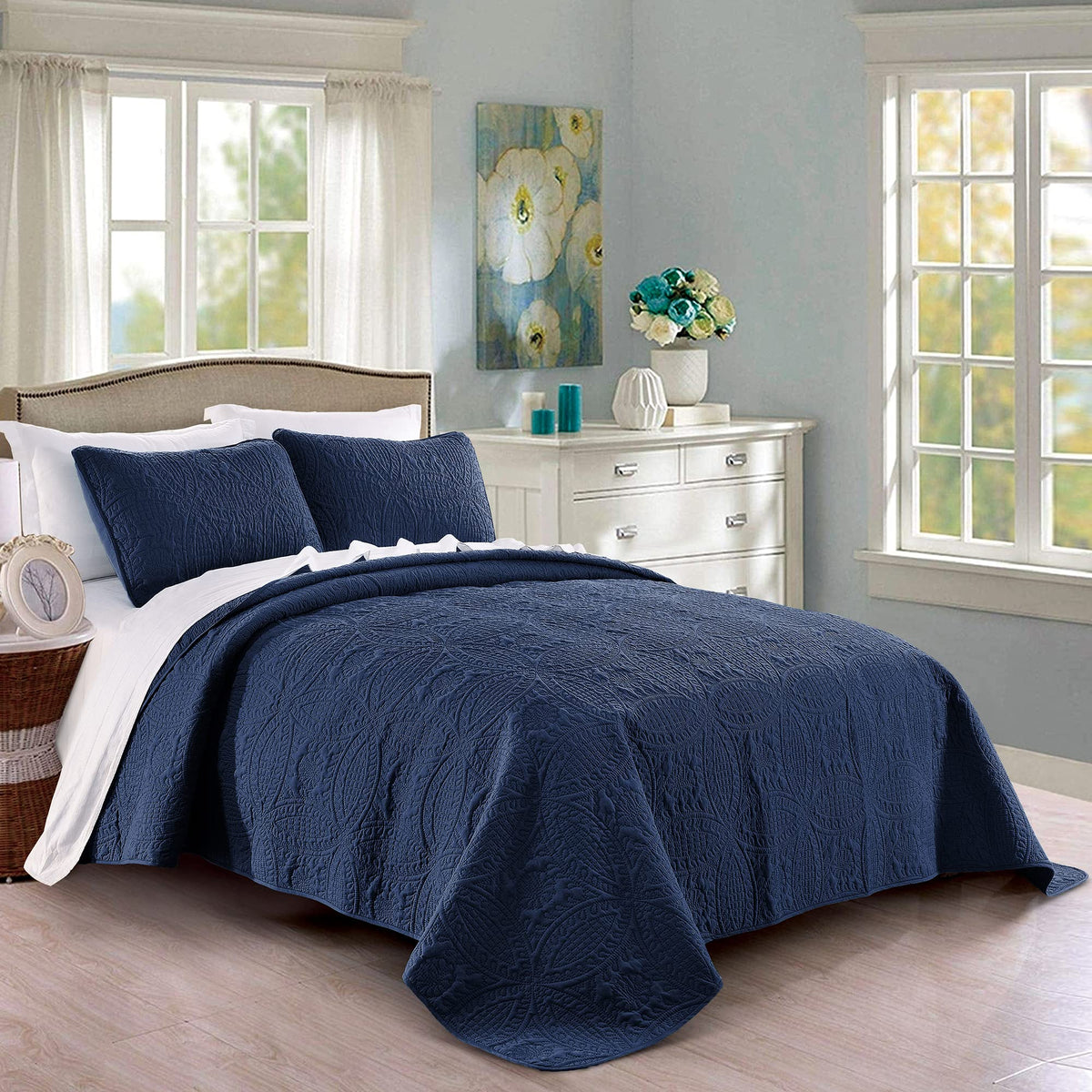Pure Bedding Quilt Set Full/Queen Size Ash Blue - Oversized Bedspread - Soft Microfiber Lightweight Coverlet for All Season - 3 Piece Includes 1 Quilt and 2 Shams, Geometric Pattern