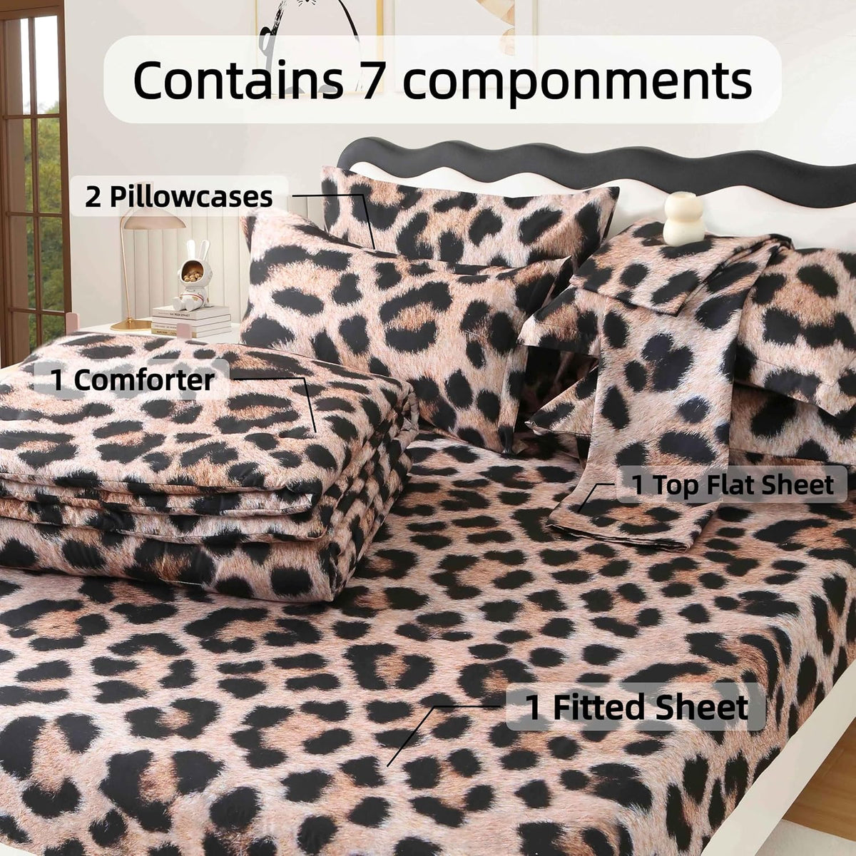 SDY Leopard Queen Comforter Set, 3D Cheetah Print Bedding, Luxury Soft 7-Piece Bed in a Bag, All-Season Bedding Set with Comforter, Sheets, Pillowcases & Shams