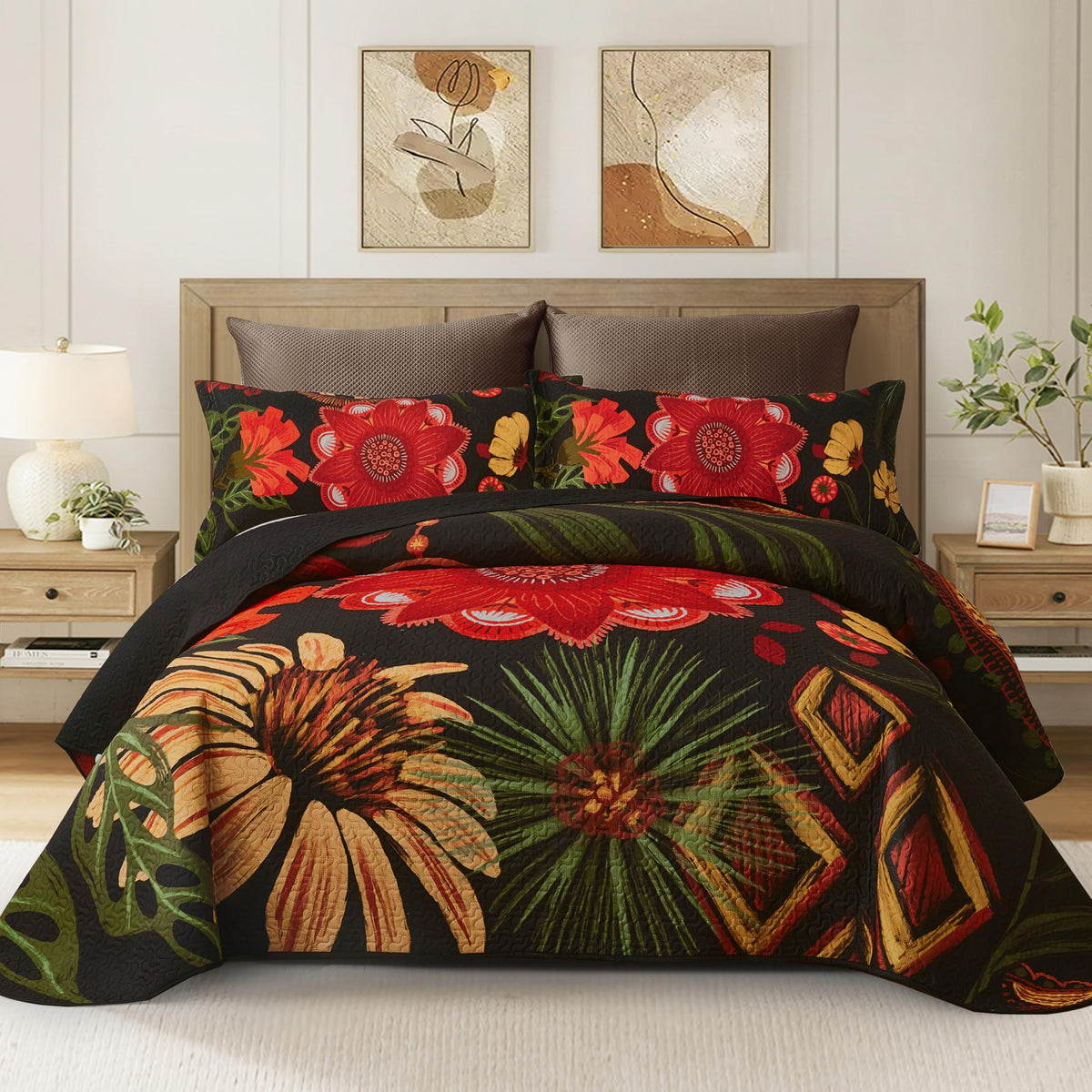 Tyrot 3 Piece Black Boho Floral Butterfly King Quilt Bedding Sets