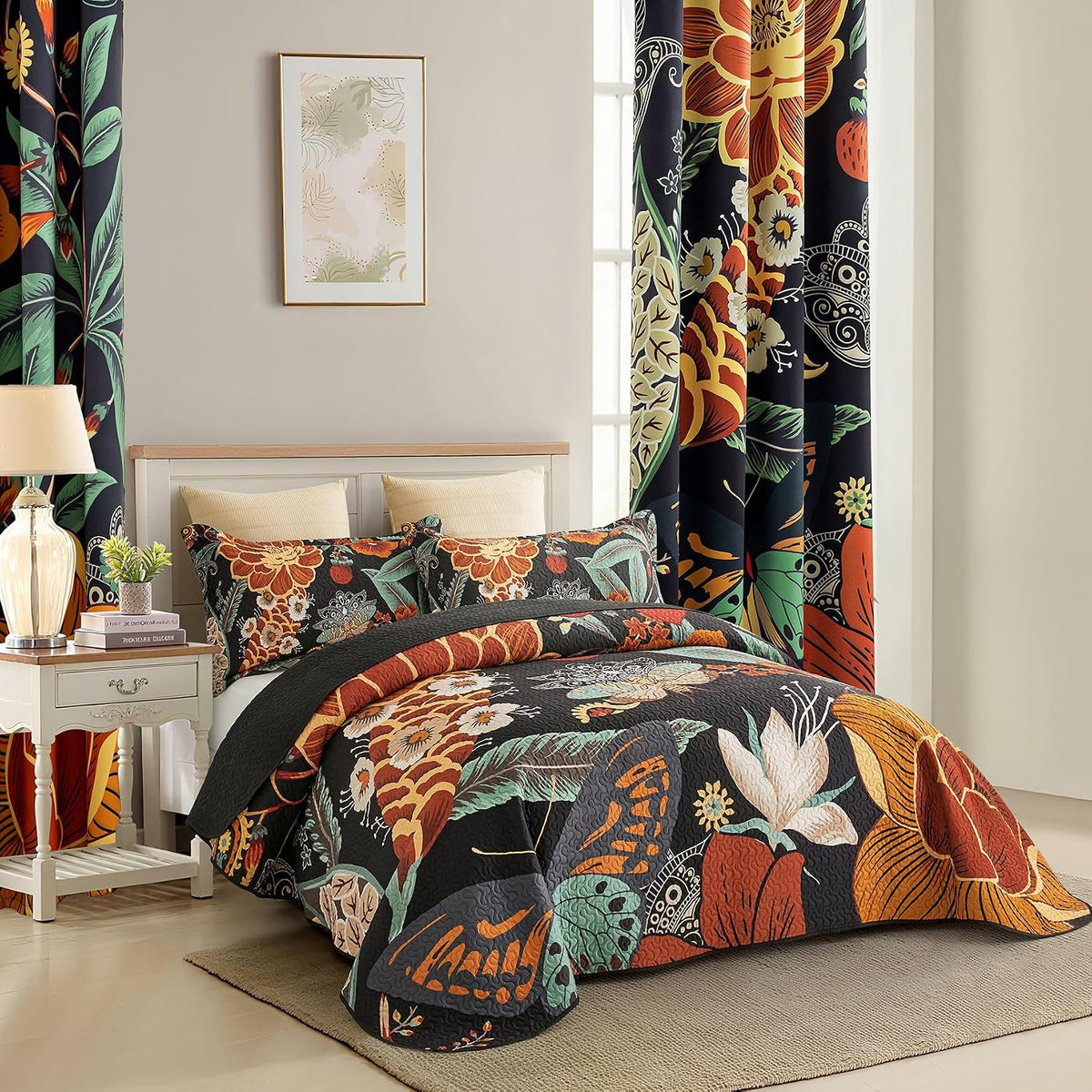 Tyrot 3 Piece Black Boho Floral Butterfly King Quilt Bedding Sets