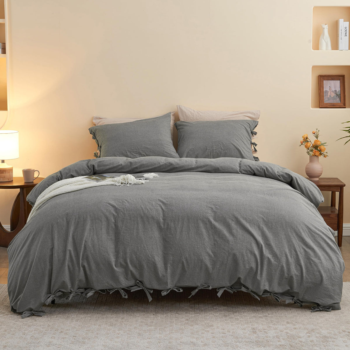 BISELINA 100% Washed Cotton Duvet Cover Set 3pcs with Bowknot Ties Strap Solid Color Linen Like Textured Durable Breathable Soft Comfy Chic Bedding (Twin, Cornflower Blue)