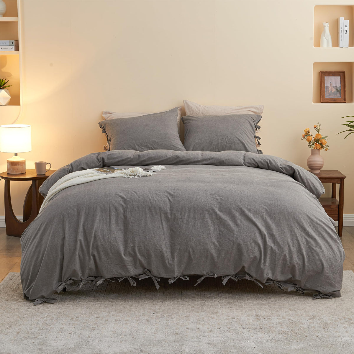 BISELINA 100% Washed Cotton Duvet Cover Set 3pcs with Bowknot Ties Strap Solid Color Linen Like Textured Durable Breathable Soft Comfy Chic Bedding (Twin, Cornflower Blue)