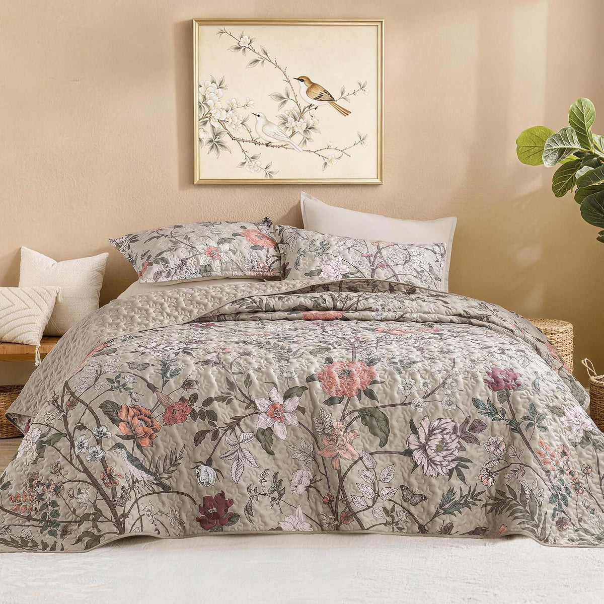 Litanika Floral Black Quilt King - 3Pcs Summer Boho Bedding Set