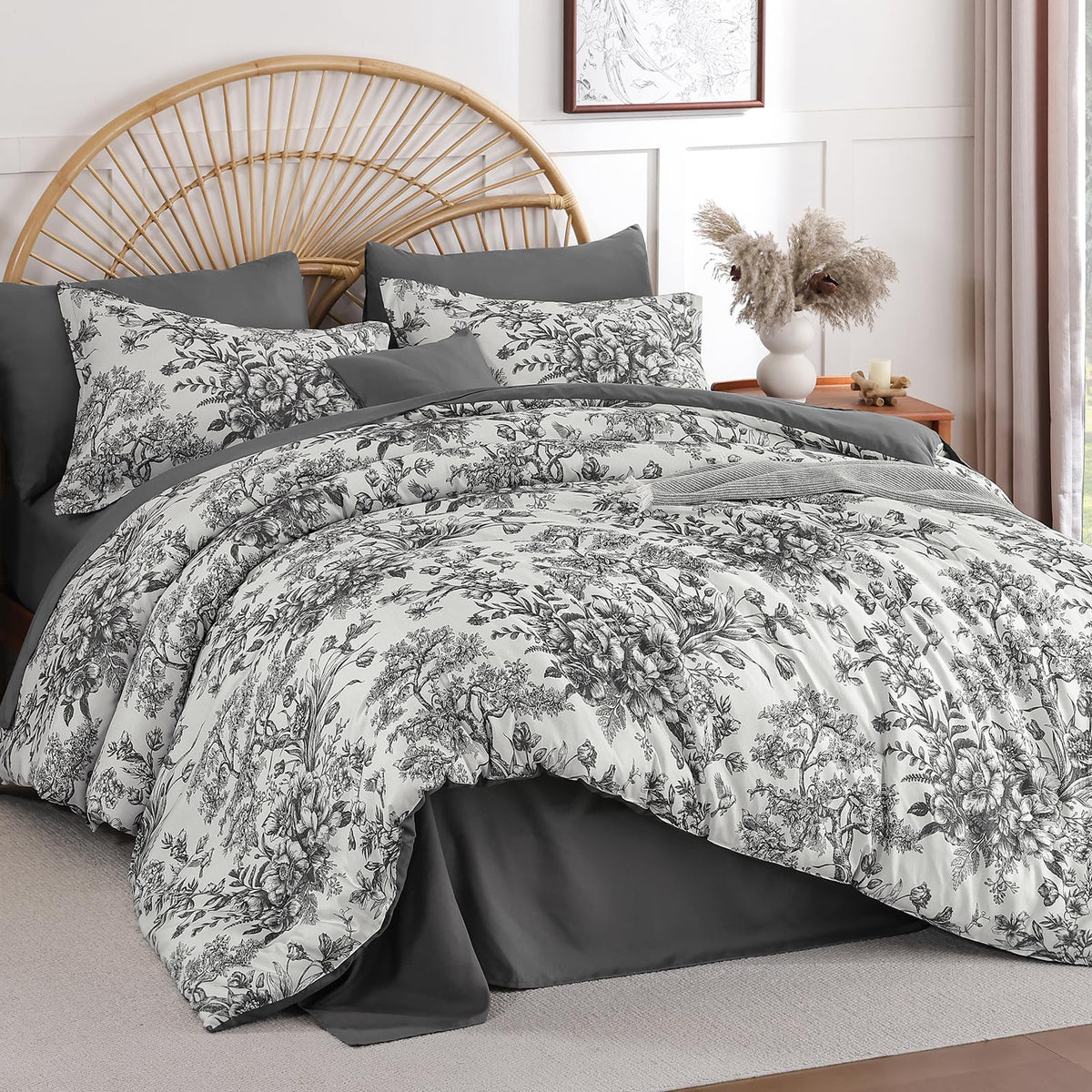 Queen Comforter Set 8 Pieces, Floral Comforter Set, Brown Bed in a Bag