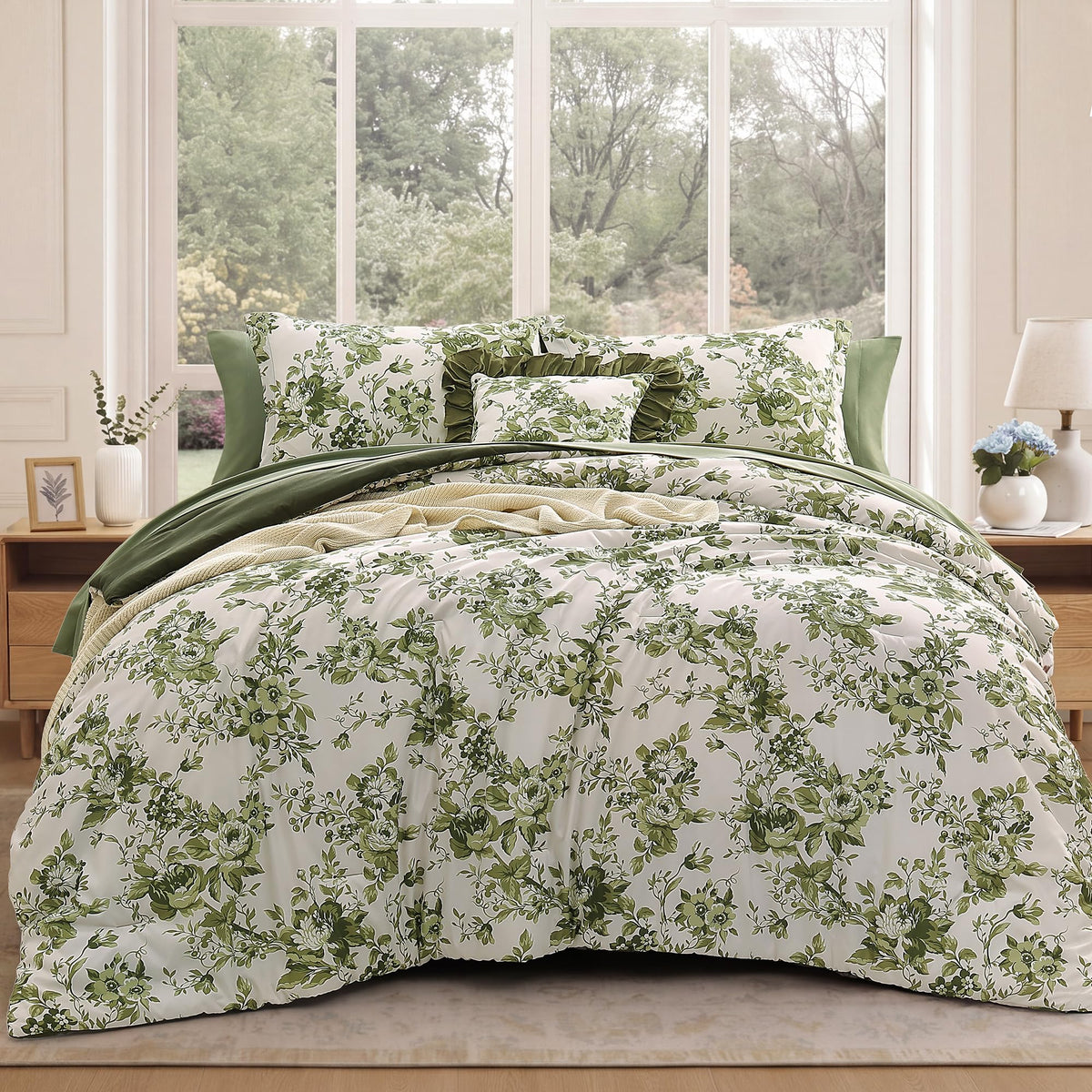 BLOOMHAVEN Queen Comforter Set-7 Pieces Brown Floral Bed in a Bag Queen