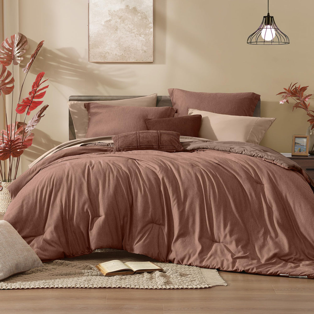 Monbix Queen Comforter Set 7 Pieces Terracotta Cationic Dyeing Bed in a Bag