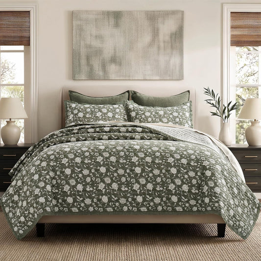 EverGrace 100% Cotton Floral Quilt Set, King Size, Sage Green 108"×96"