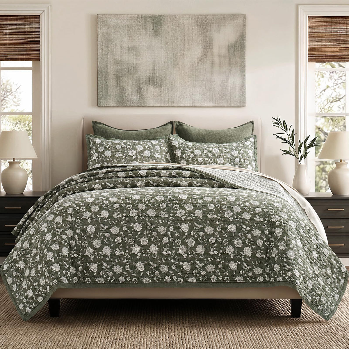 EverGrace 100% Cotton Floral Quilt Set, King Size, Sage Green 108"×96"