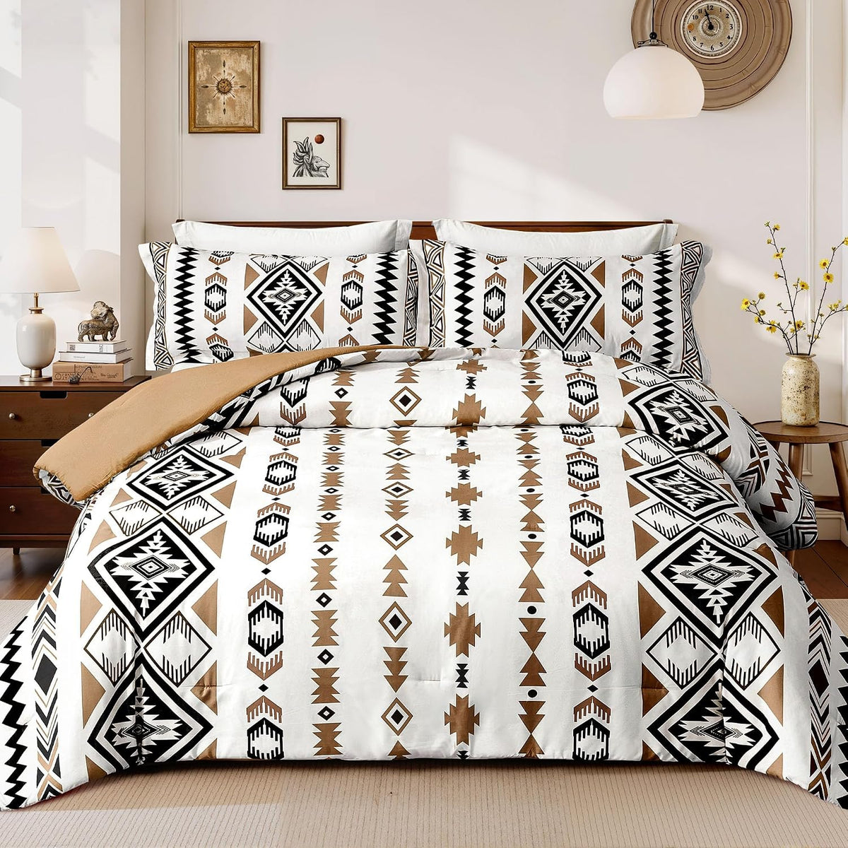 Tyrot King Comforter Set – 3 Piece Brown Boho Aztec Bedding, Western Southwestern Style Comforter Sets, Soft Lightweight Comforter for All Seasons, 1 Comforter & 2 Pillow Shams