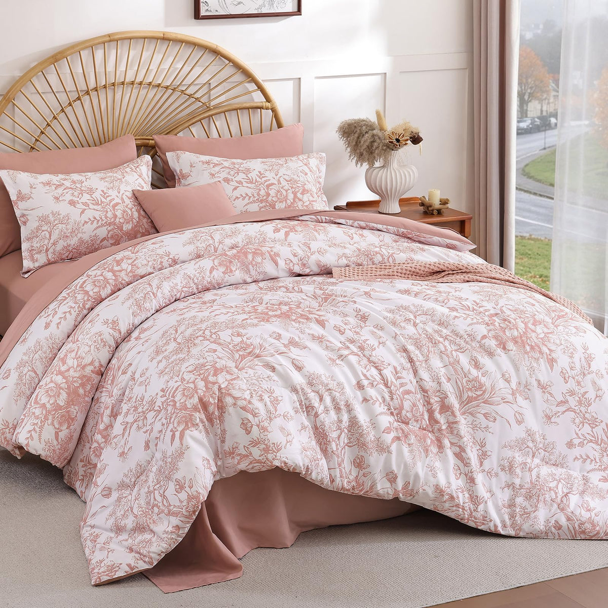 Queen Comforter Set 8 Pieces, Floral Comforter Set, Brown Bed in a Bag
