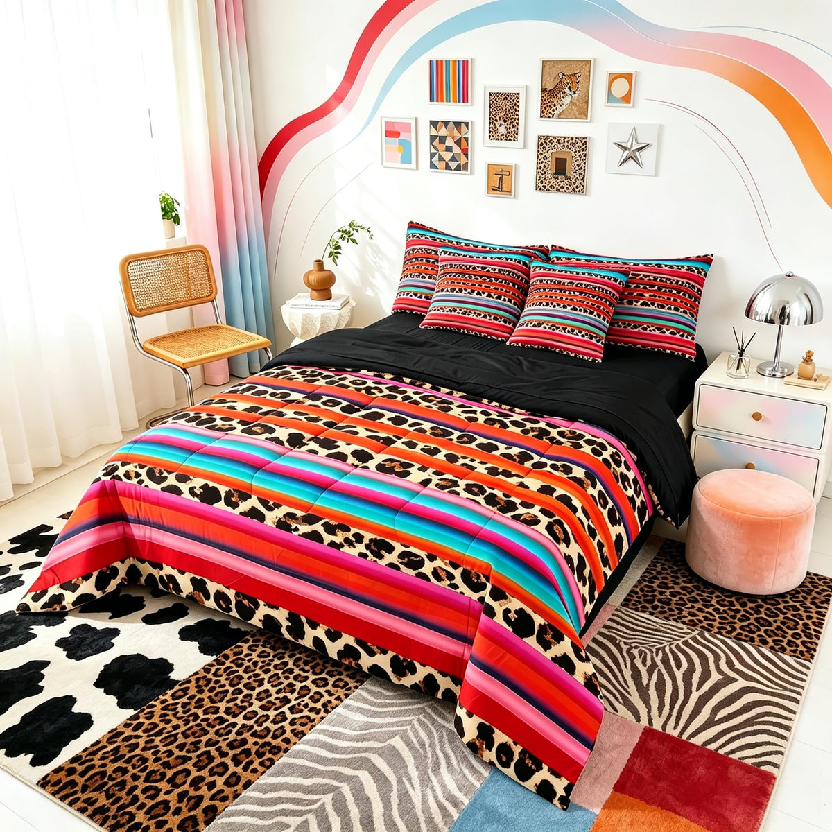 Erosebridal Leopard Print 7 Piece Bedding Set Full Cheetah Decor Comforter Set with Sheets Geometric Modern Bed in A Bag African Safari Animal Bed Sets with 2 Pillowcases, 2 Pillow Covers Lightweight