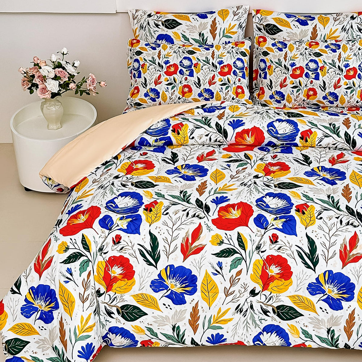 lasoftan Floral Queen Comforter Set with Sheets, 7 piece Luxury Vintage Bedding, Soft Microfiber Bed in a Bag, Cozy Lightweight Bed Set, Damask Boho Flower