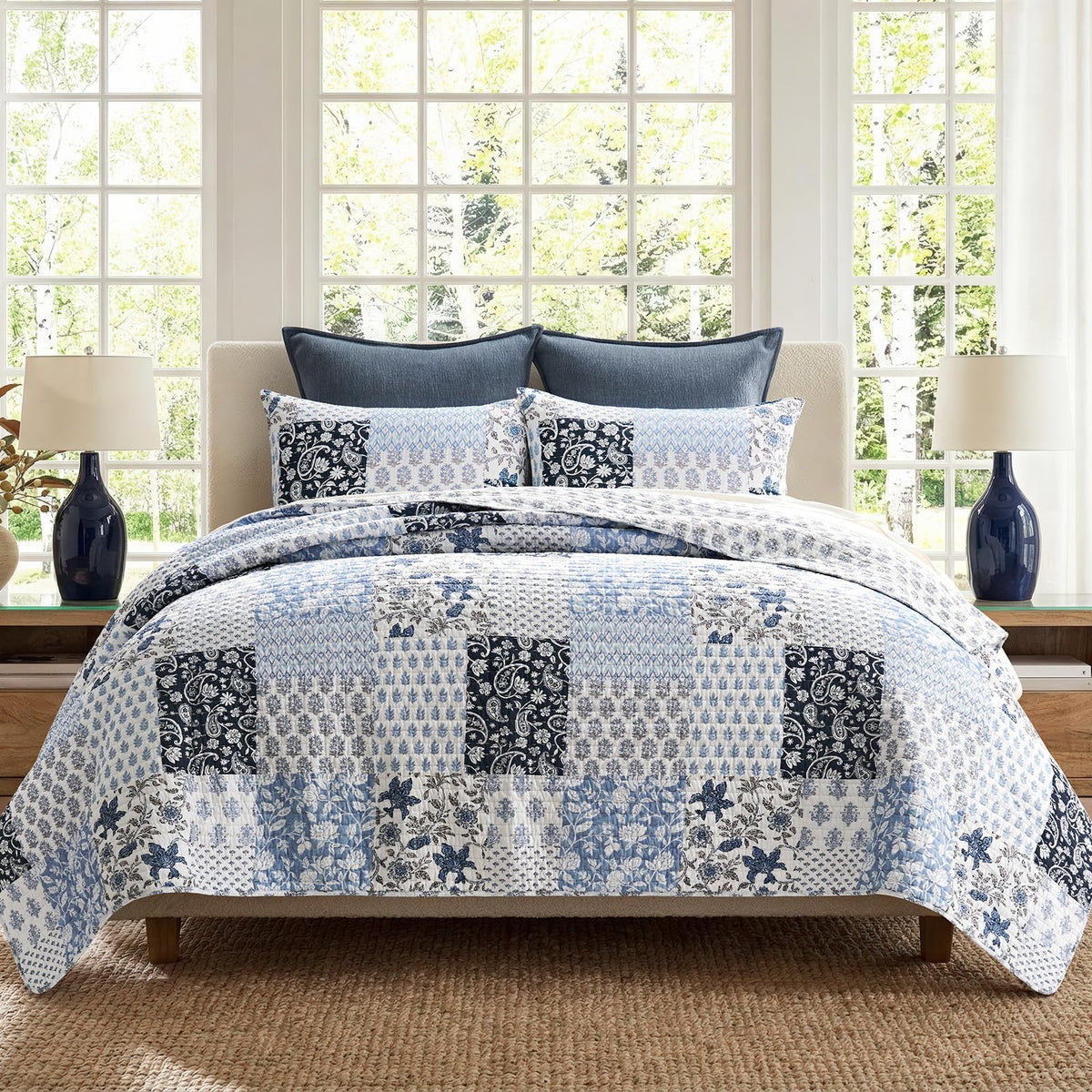EverGrace 100% Cotton Floral Quilt Set, King Size, Sage Green 108"×96"
