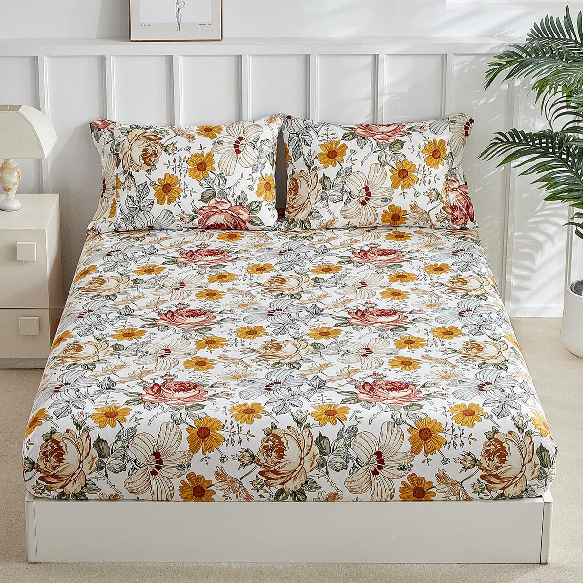 Tokokimo Queen Size Fitted Sheet with 2 Pillowcases, White & Floral Print