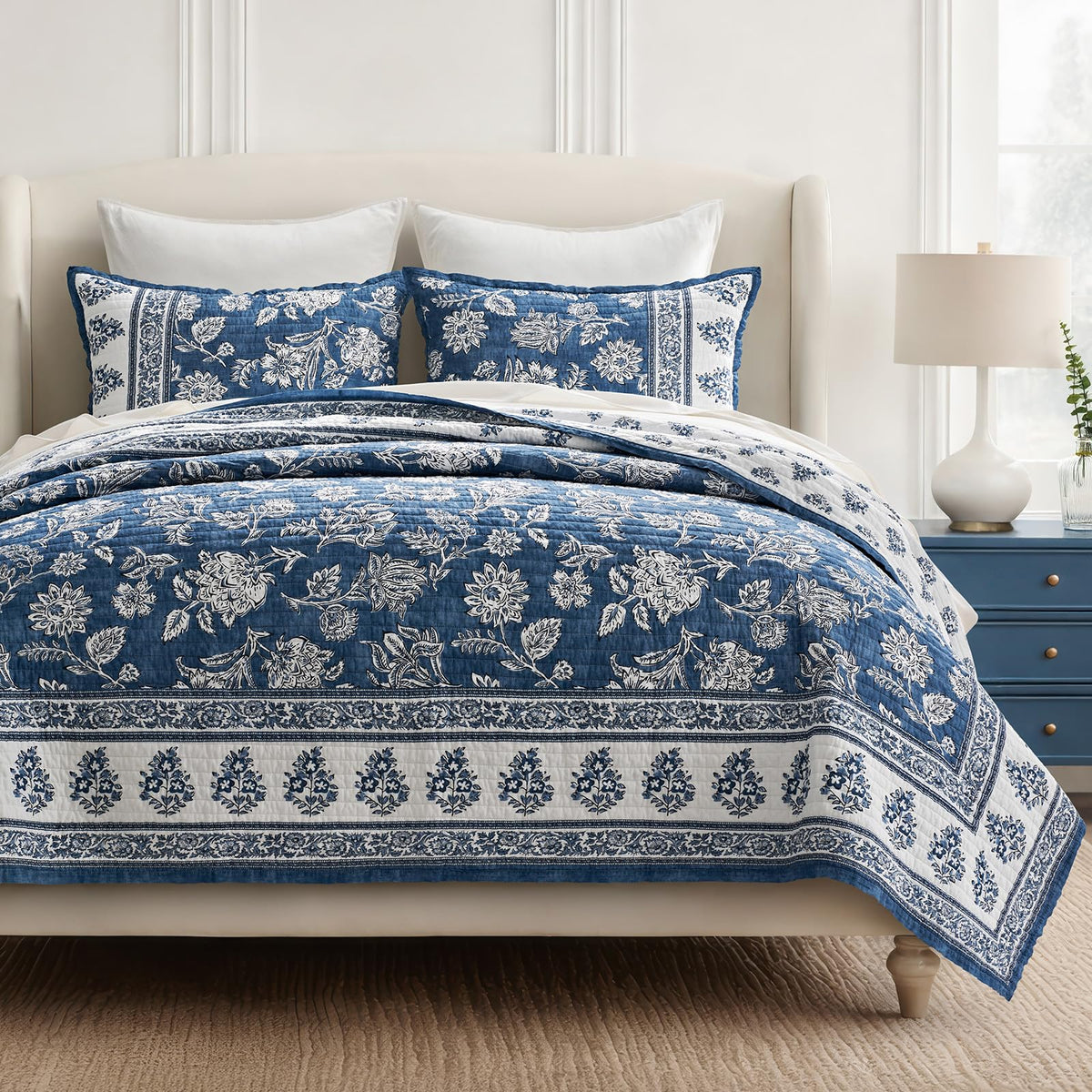 EverGrace 100% Cotton Floral Quilt Set, King Size, Sage Green 108"×96"