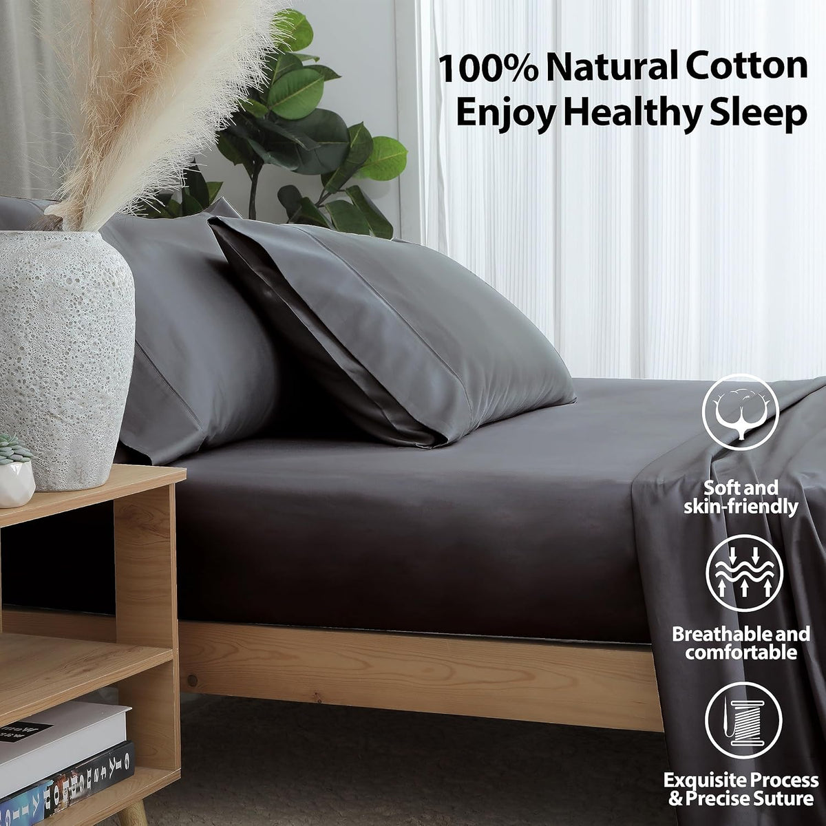 2-Pack Pure Cotton Twin XL Fitted Sheet for Adjustable Bed Split King, 600 TC 16" Deep Pocket Egyptian Cotton Fitted Sheet (2pcs, Twin XL, Dark Grey)