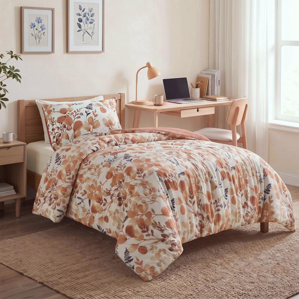 Lightweight Seersucker Botanical Comforter Set King Size, 3 Pieces Reversible Design with Striped Print, Premium Microfiber Bedding Set, Comforter and Sham Set, Green