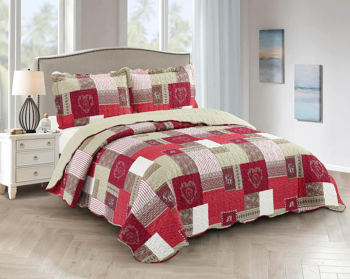 Brilliant Sunshine Rose and Sage Quilt Set, 3-Piece Bedding Sets, Traditional Patchwork Design, Washable and Reversible Bedspread, Soft Lightweight Coverlet, All-Season, Full/Queen, Light Pink Green