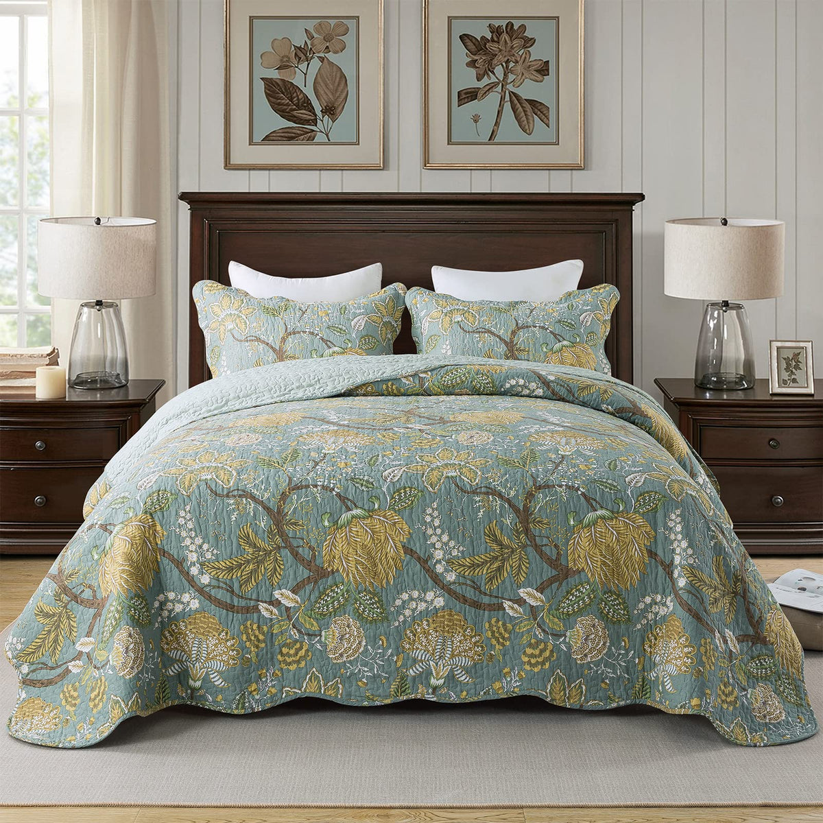 Travan 3-Piece Quilt Set Quilted Bedspread Lightweight Coverlet Set Garden Style Floral Printed Oversized Quilted Bedding Set with Shams for All Season, Exquisite, Queen Size