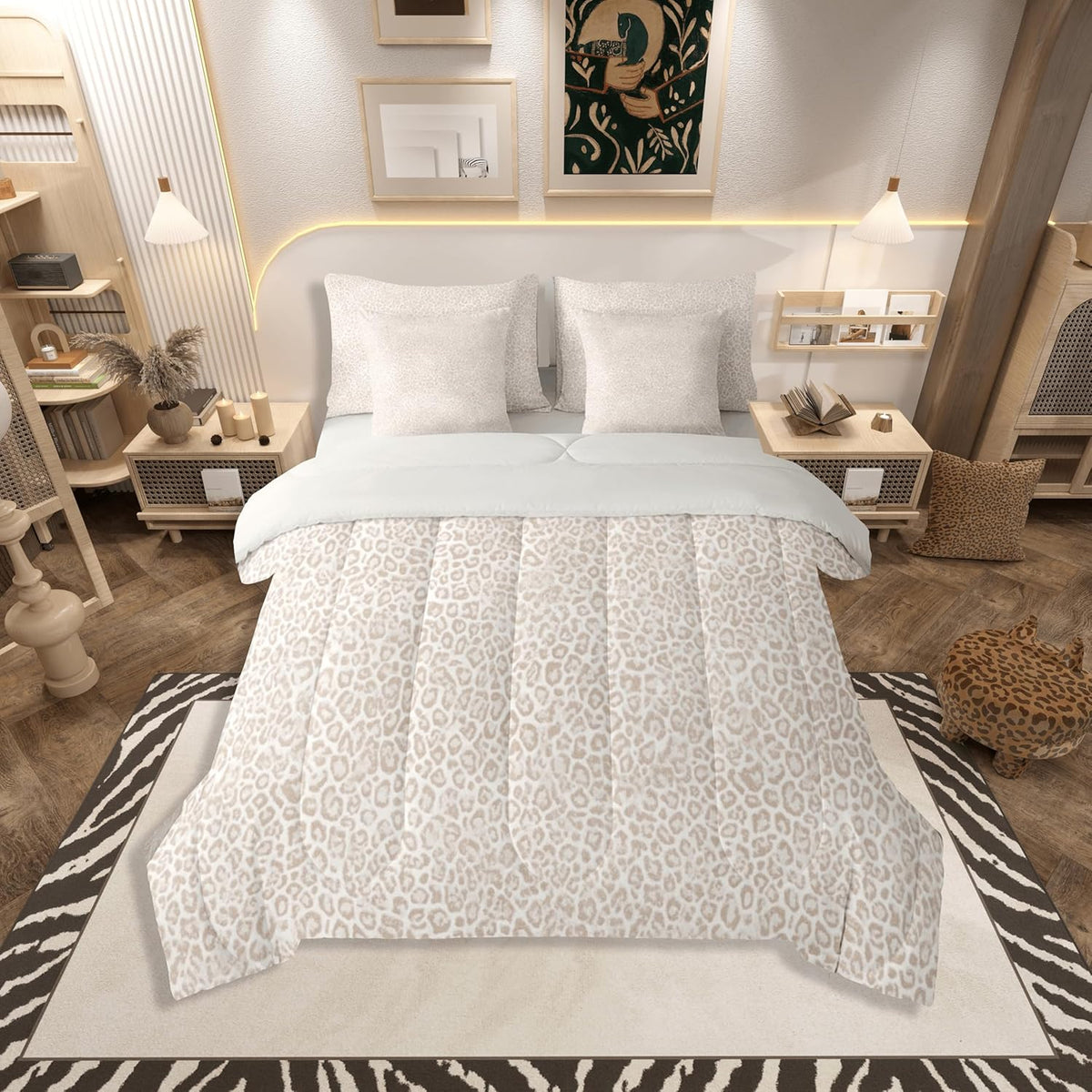 jejeloiu Leopard Print Comforter Set with Sheets 7 Piece Queen Size Cheetah Print Bedding Set for Kids Boys Girls Beige Bed in a Bag Modern Art Room Decor Soft Lightweight Microfiber