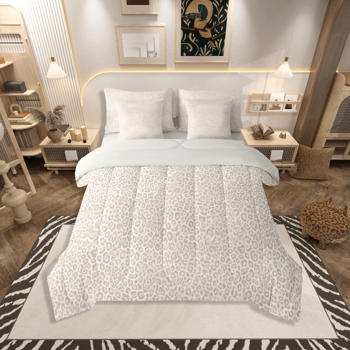jejeloiu Leopard Print Comforter Set with Sheets 7 Piece Queen Size Cheetah Print Bedding Set for Kids Boys Girls Beige Bed in a Bag Modern Art Room Decor Soft Lightweight Microfiber