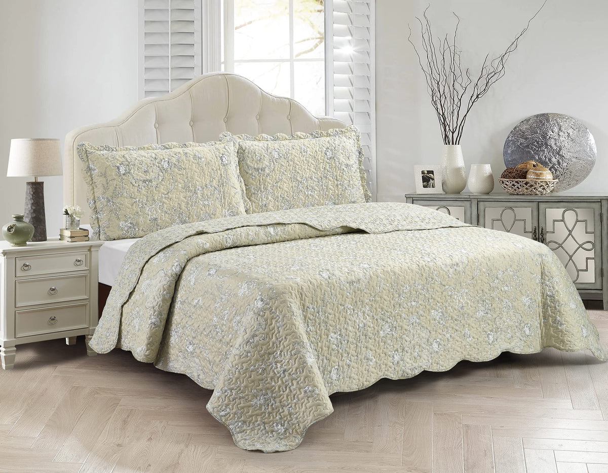 Brilliant Sunshine Rose and Sage Quilt Set, 3-Piece Bedding Sets, Traditional Patchwork Design, Washable and Reversible Bedspread, Soft Lightweight Coverlet, All-Season, Full/Queen, Light Pink Green