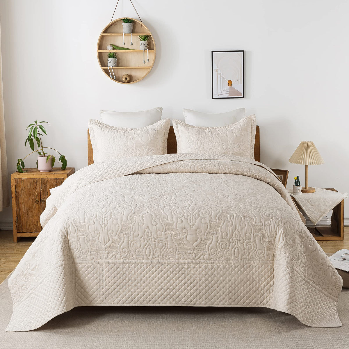Travan 3-Piece Quilt Set Quilted Bedspread Lightweight Coverlet Set Garden Style Floral Printed Oversized Quilted Bedding Set with Shams for All Season, Exquisite, Queen Size