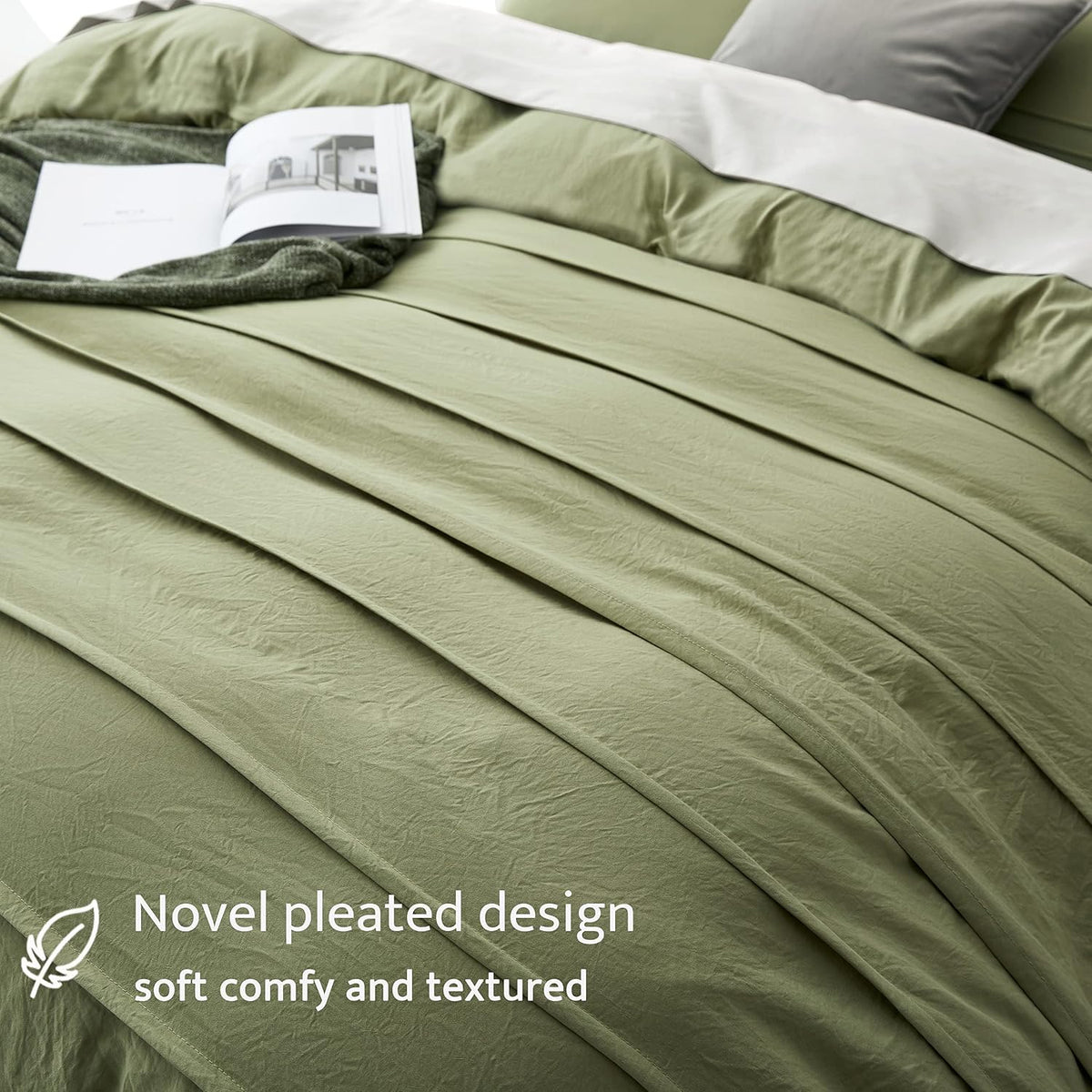 Oli Anderson 3PCS Pleated Duvet Cover Set, Sage Green, Queen