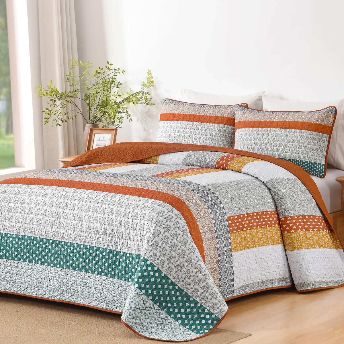 WONGS BEDDING Beige Quilt Queen Size, Boho Striped Bedspread